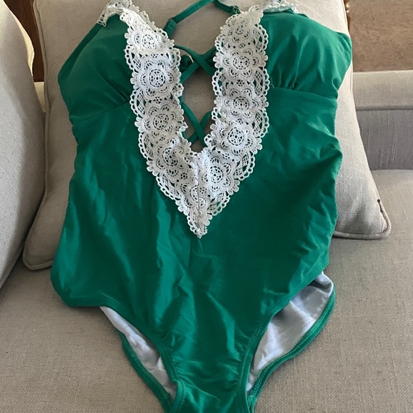 unbranded Other - Elegant Green Lace Trim Women's One Piece Swimsuit